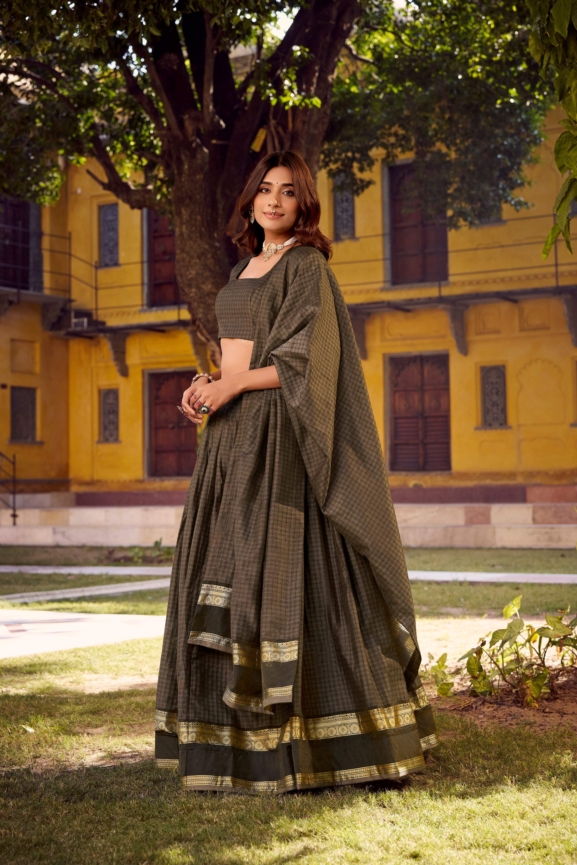Evanik Grey Cotton With Chex Zari Weaving Lehenga Choli - Distacart