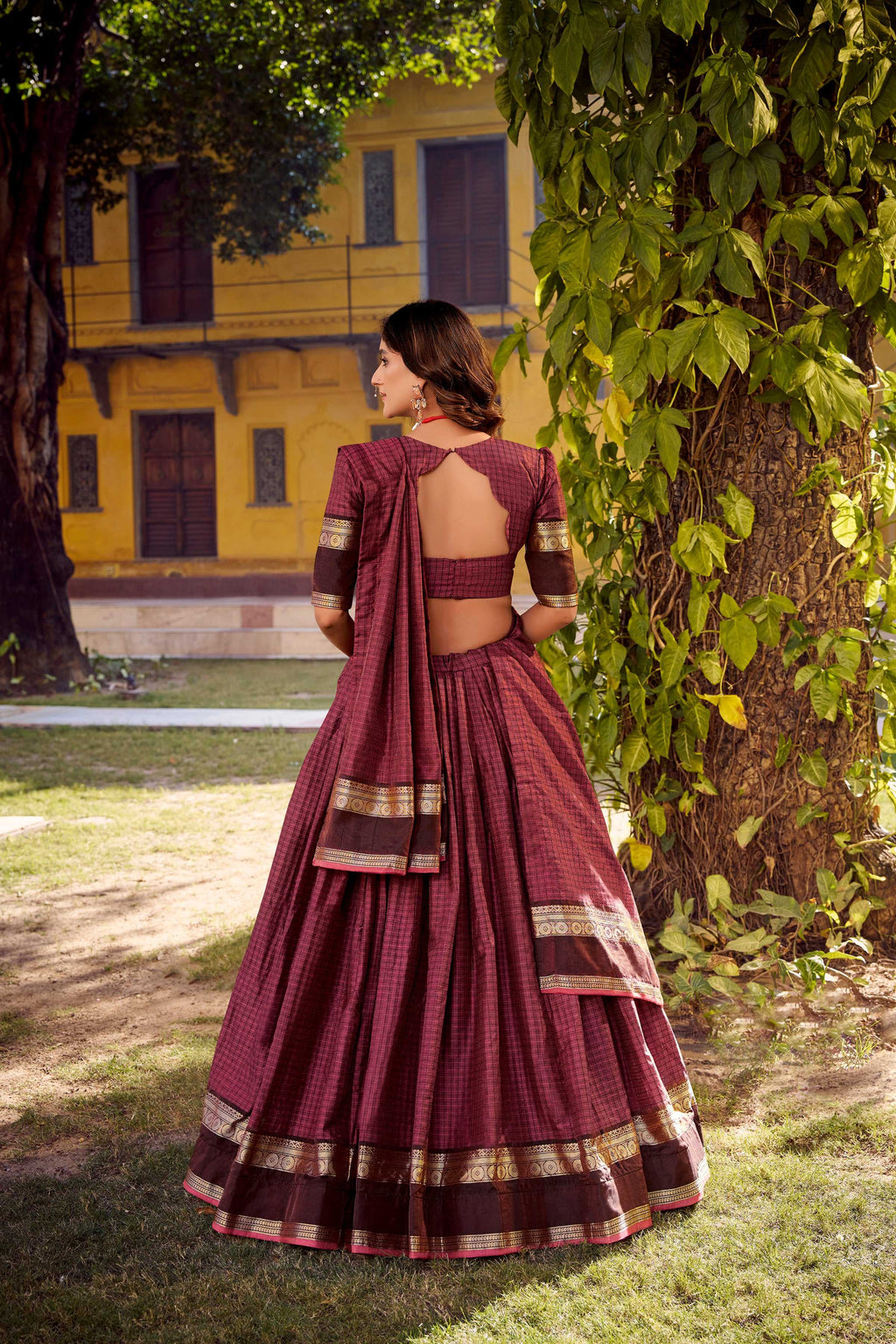 Evanik Burgundy Cotton With Chex Zari Weaving Lehenga Choli - Distacart