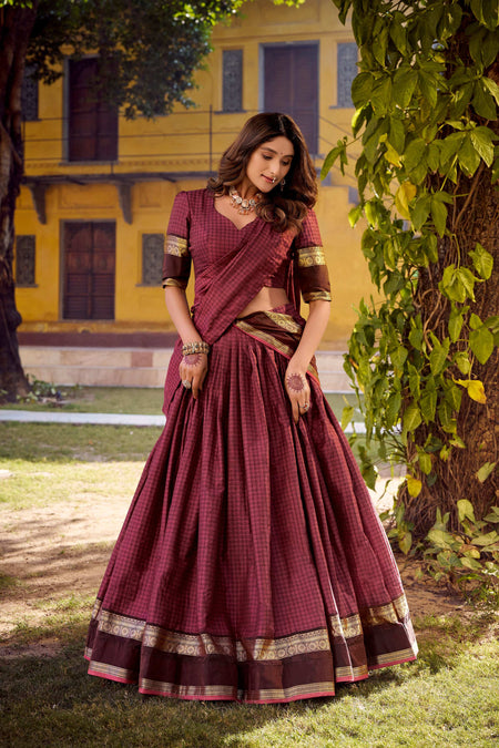 Evanik Burgundy Cotton With Chex Zari Weaving Lehenga Choli