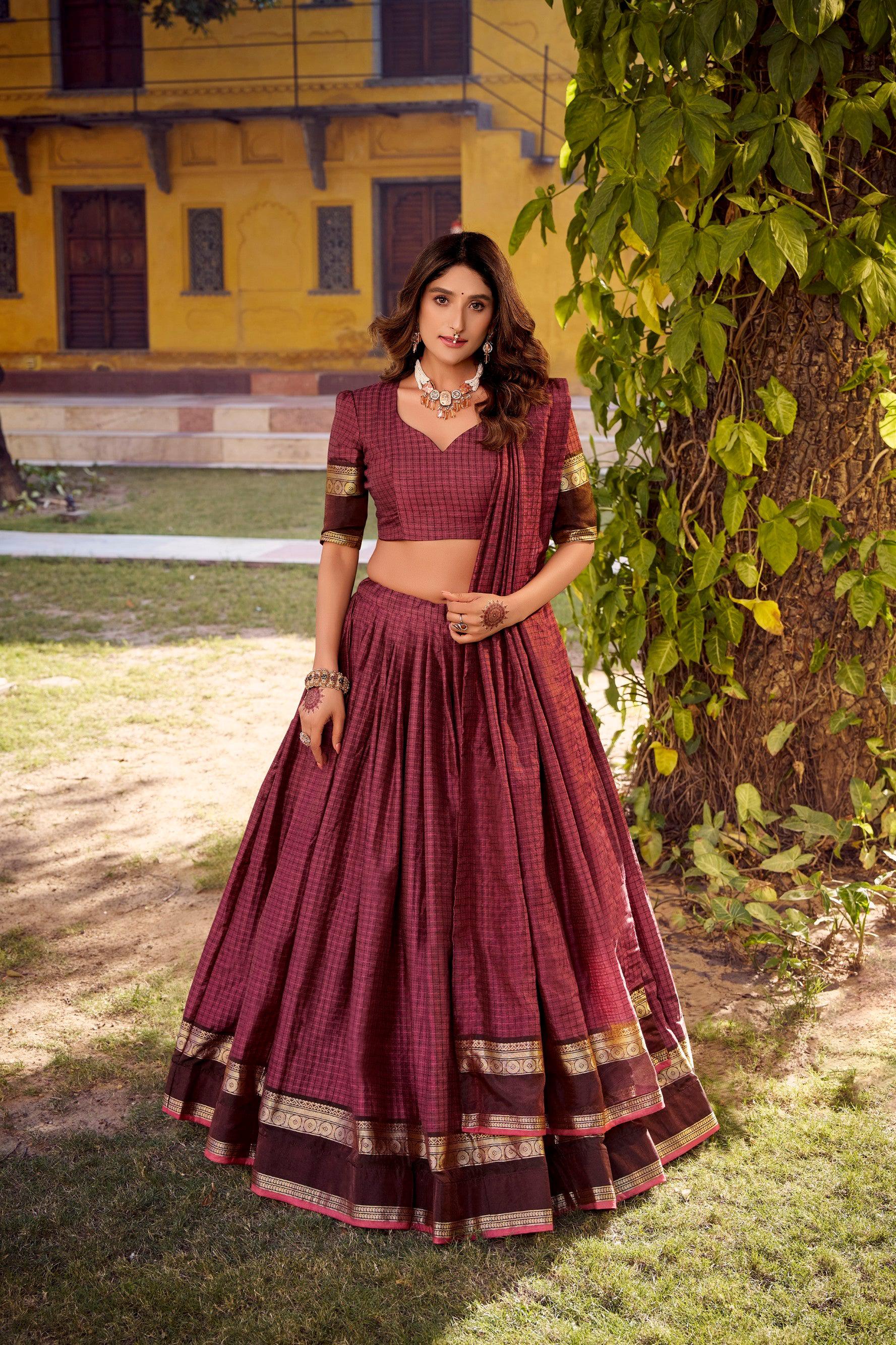 Lorenvalley Fashion Rust Chettinad Cotton Chex with Zari Weaving Work Lehenga Choli with Dupatta - Distacart