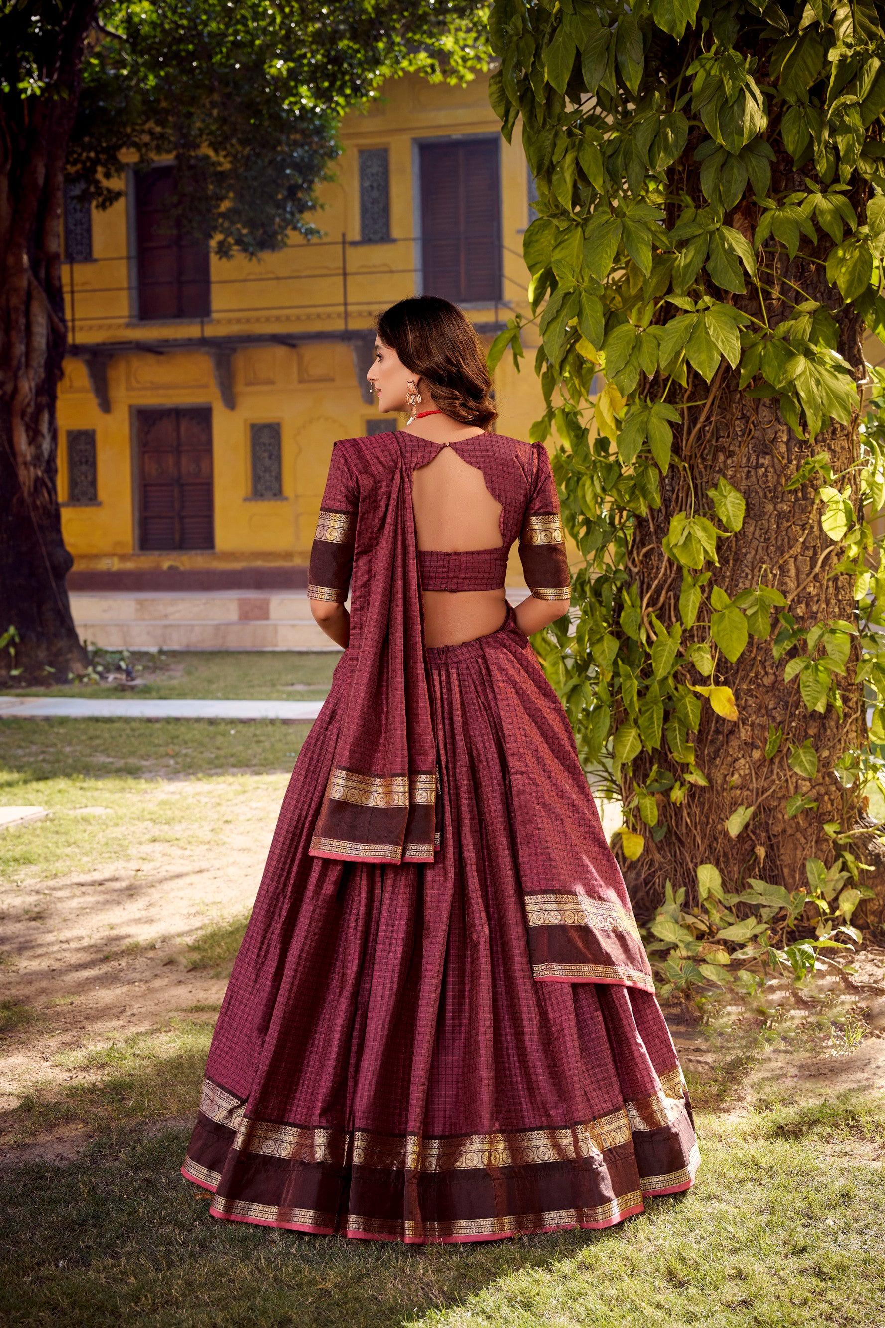 Lorenvalley Fashion Rust Chettinad Cotton Chex with Zari Weaving Work Lehenga Choli with Dupatta - Distacart