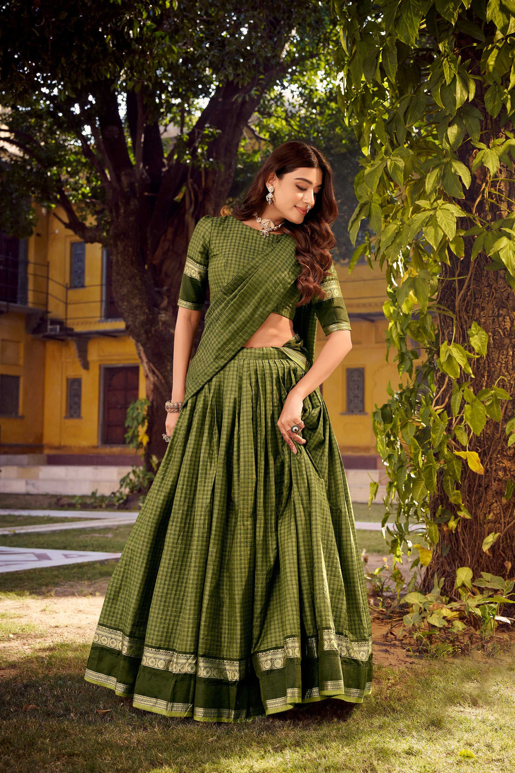 Evanik Mehendi Cotton With Chex Zari Weaving Lehenga Choli - Distacart