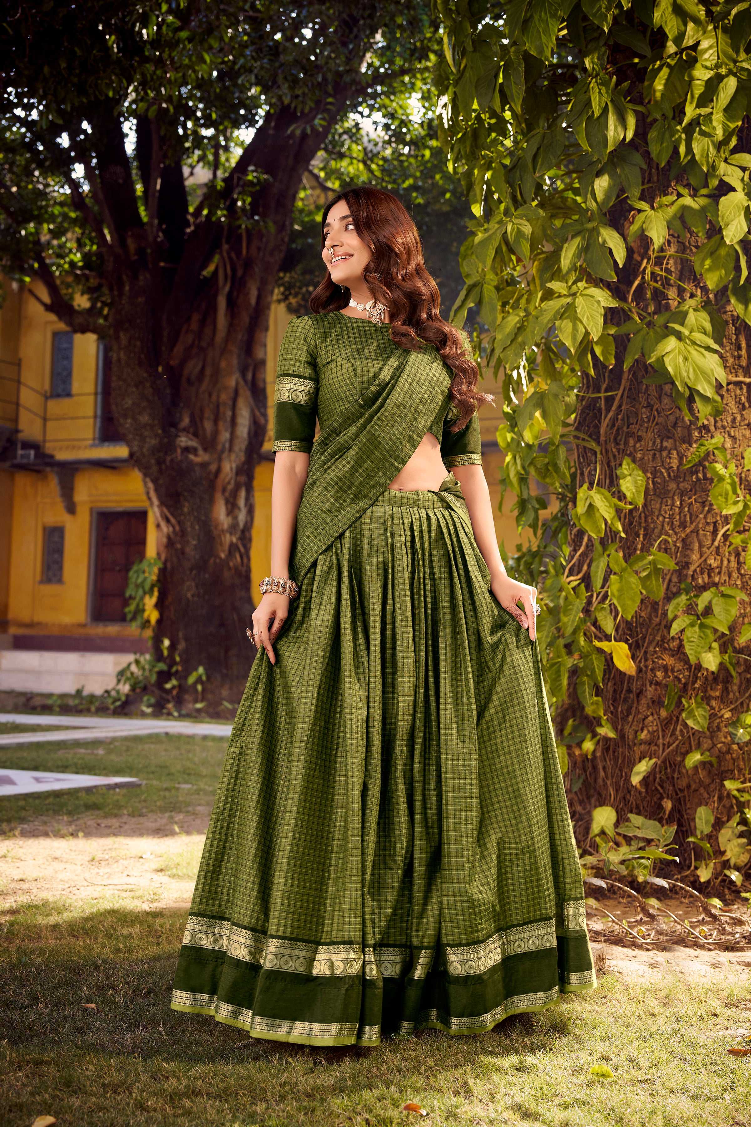 Evanik Mehendi Cotton With Chex Zari Weaving Lehenga Choli - Distacart