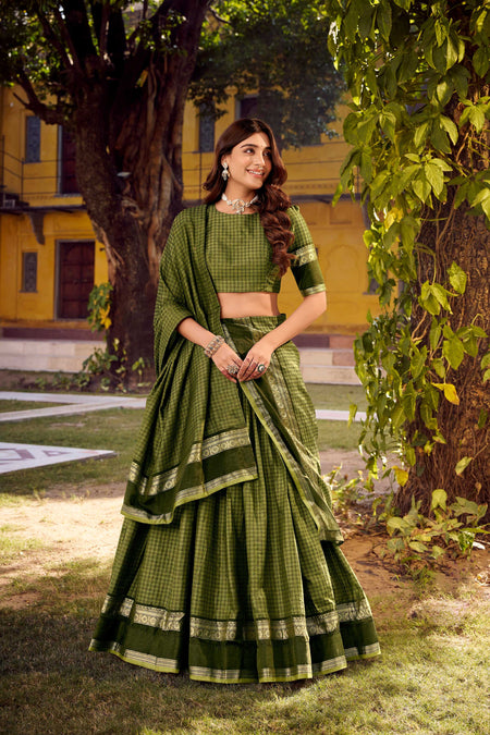 Evanik Mehendi Cotton With Chex Zari Weaving Lehenga Choli
