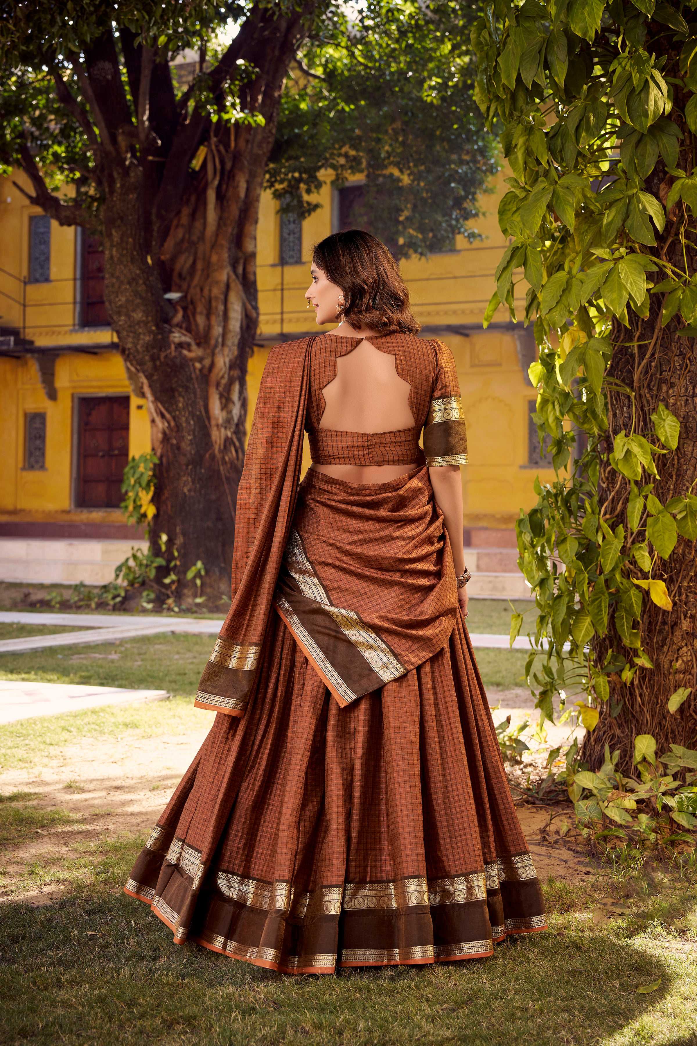 Evanik Orange Cotton With Chex Zari Weaving Lehenga Choli - Distacart