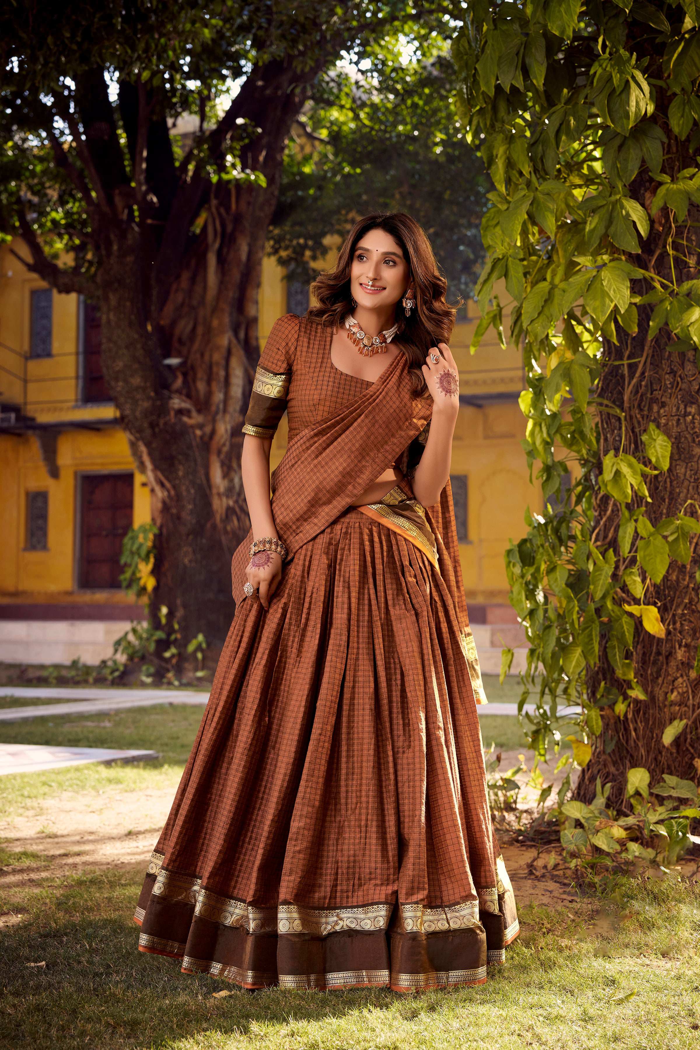 Evanik Orange Cotton With Chex Zari Weaving Lehenga Choli - Distacart