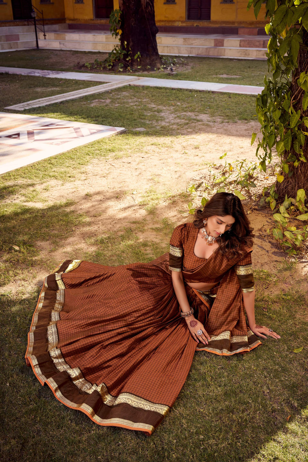 Evanik Orange Cotton With Chex Zari Weaving Lehenga Choli - Distacart