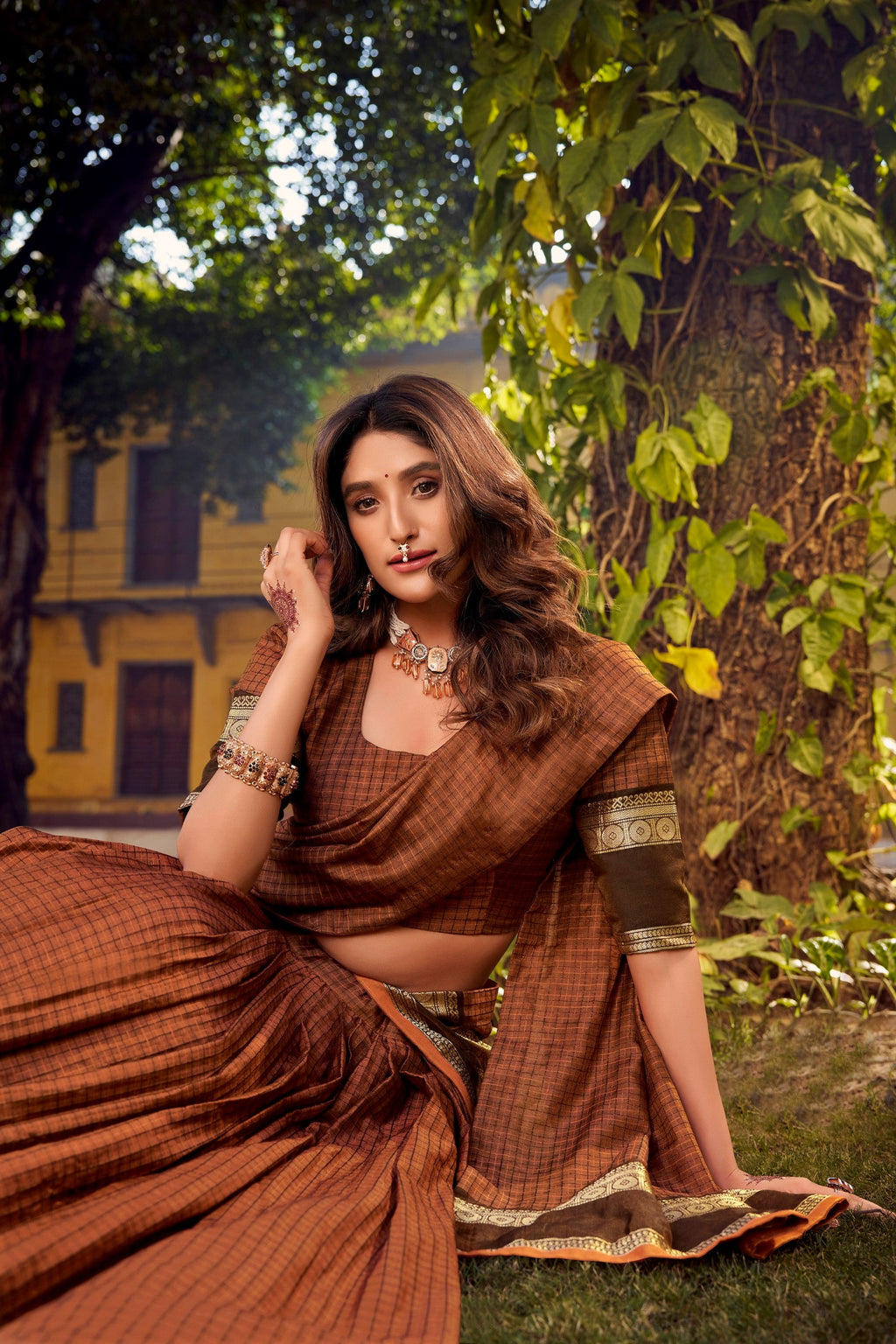 Lorenvalley Fashion Brown Chettinad Cotton Chex with Zari Weaving Work Lehenga Choli with Dupatta - Distacart
