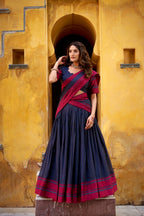 Lorenvalley Fashion Navy Blue Pure Chanderi Thread Work Lehenga Choli with Dupatta - Distacart