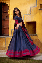 Lorenvalley Fashion Navy Blue Pure Chanderi Thread Work Lehenga Choli with Dupatta - Distacart