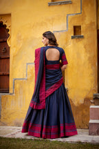 Lorenvalley Fashion Navy Blue Pure Chanderi Thread Work Lehenga Choli with Dupatta - Distacart