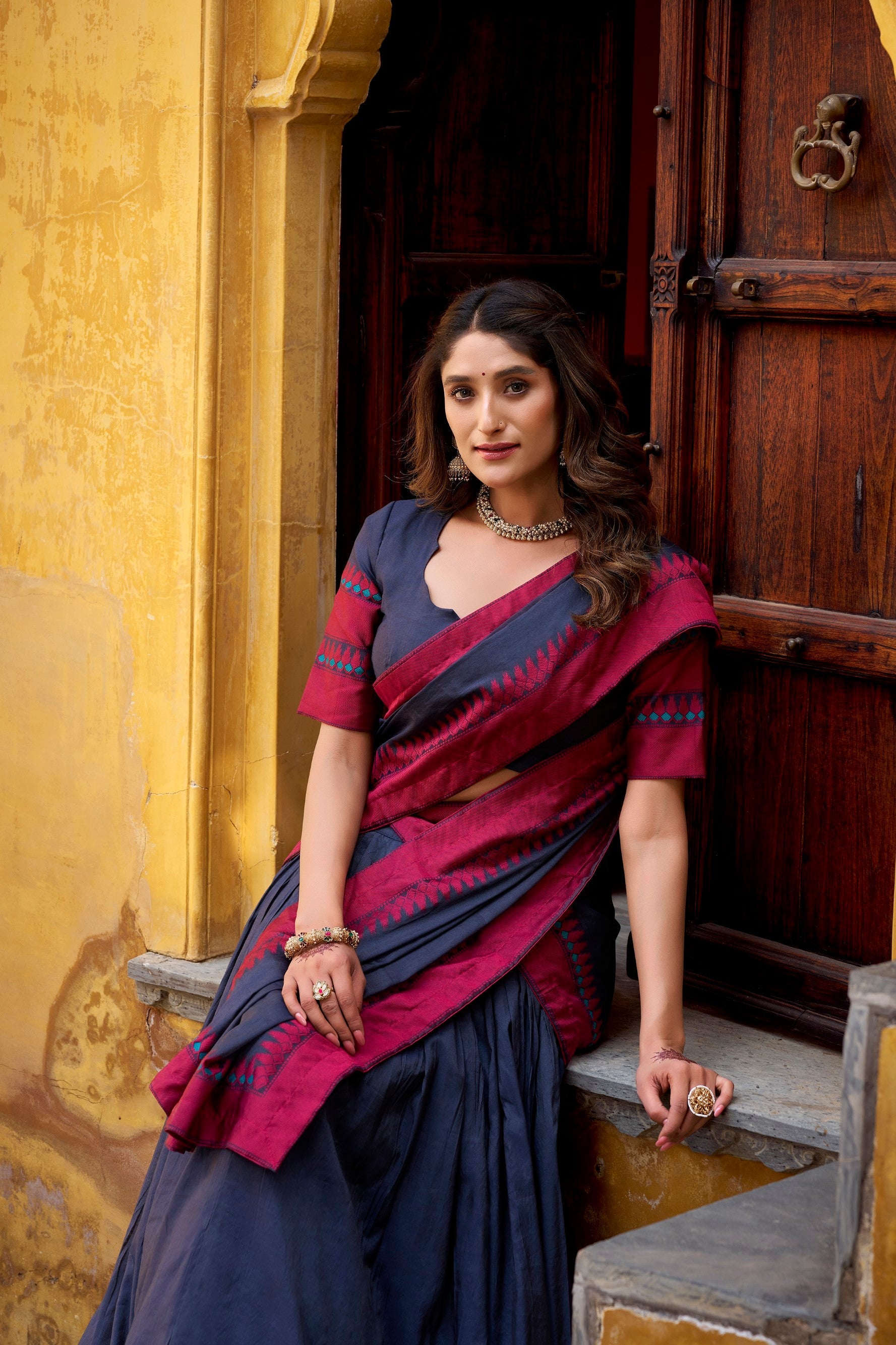 Lorenvalley Fashion Navy Blue Pure Chanderi Thread Work Lehenga Choli with Dupatta - Distacart