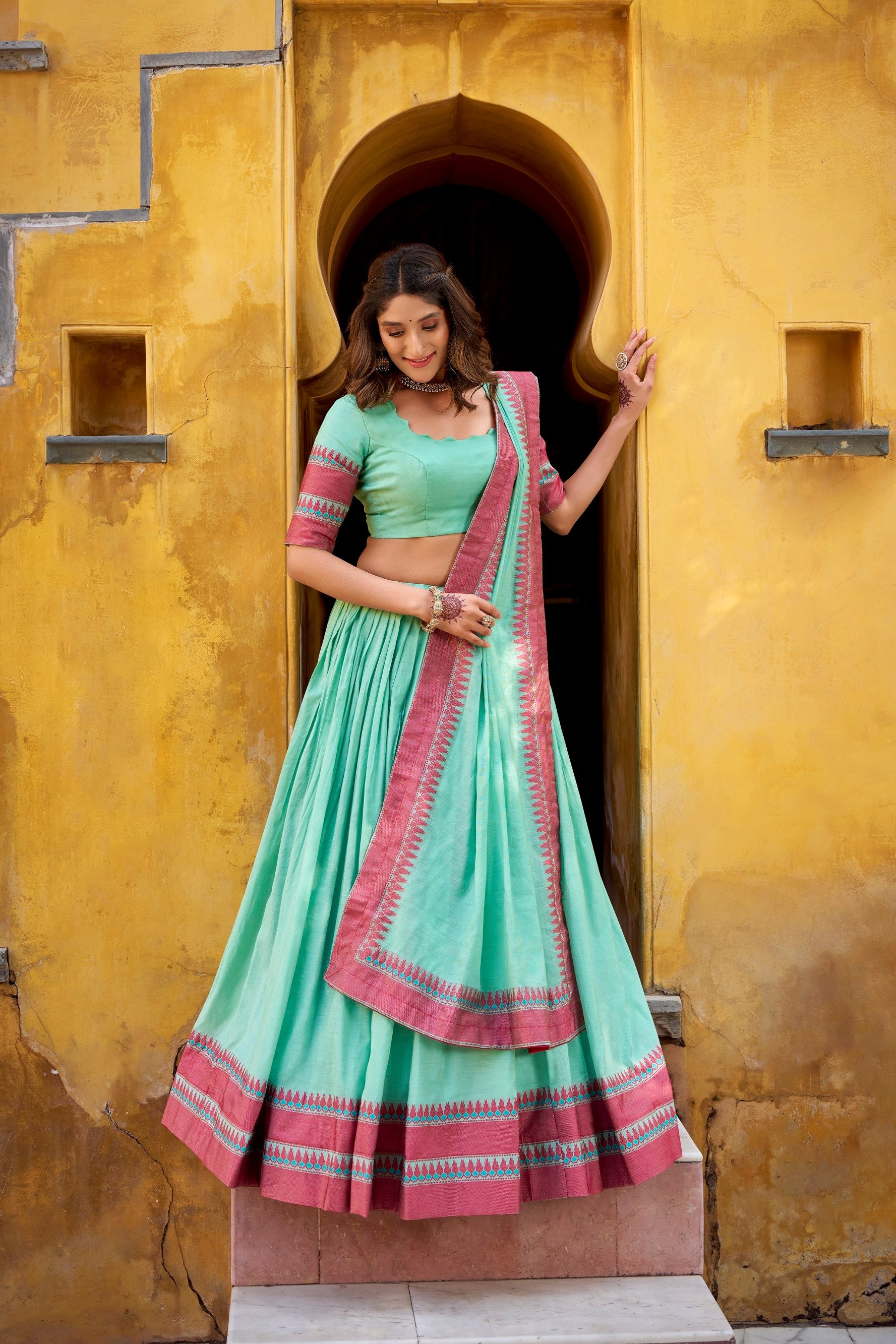 Lorenvalley Fashion Skyblue Pure Chanderi Thread Work Lehenga Choli with Dupatta - Distacart