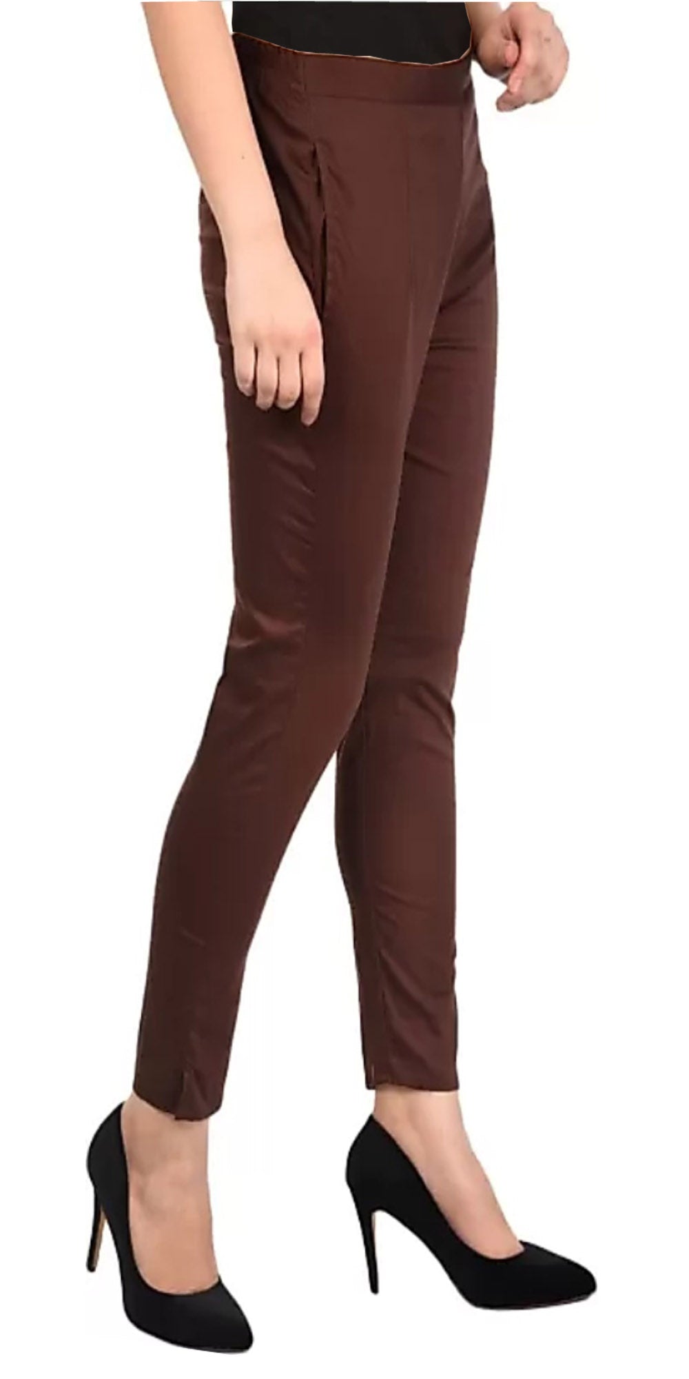 PAVONINE Coffee Color Stretchable Cotton Lycra Fabric Pencil Pant For Women - Distacart