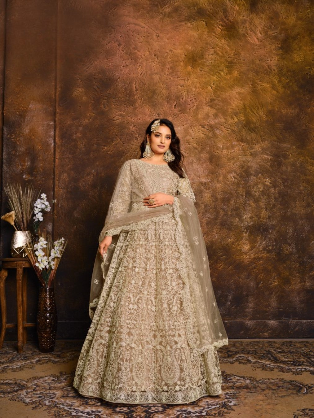 Anaita Mehendi Embroidered Net Anarkali Suit - Distacart
