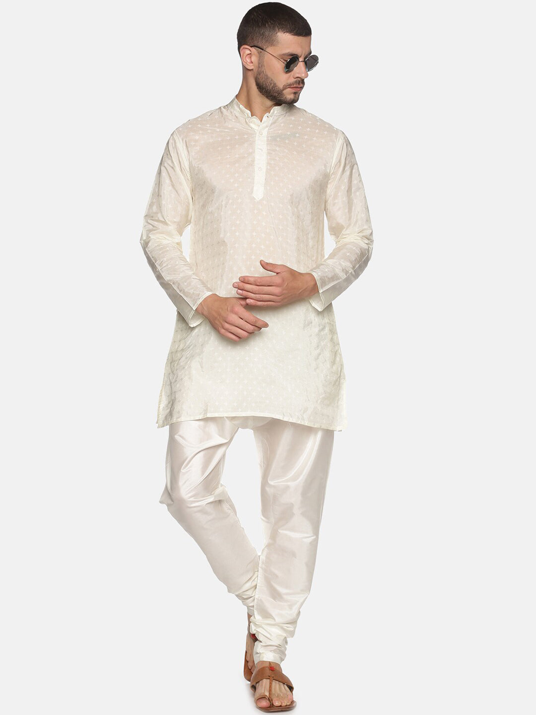 Sethukrishna Men Cream-Coloured Woven Design Kurta with Churidar - Distacart