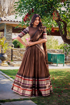 Lorenvalley Brown Pure Chanderi Plain With Zari Weaving Work Border Lehenga Choli with Dupatta