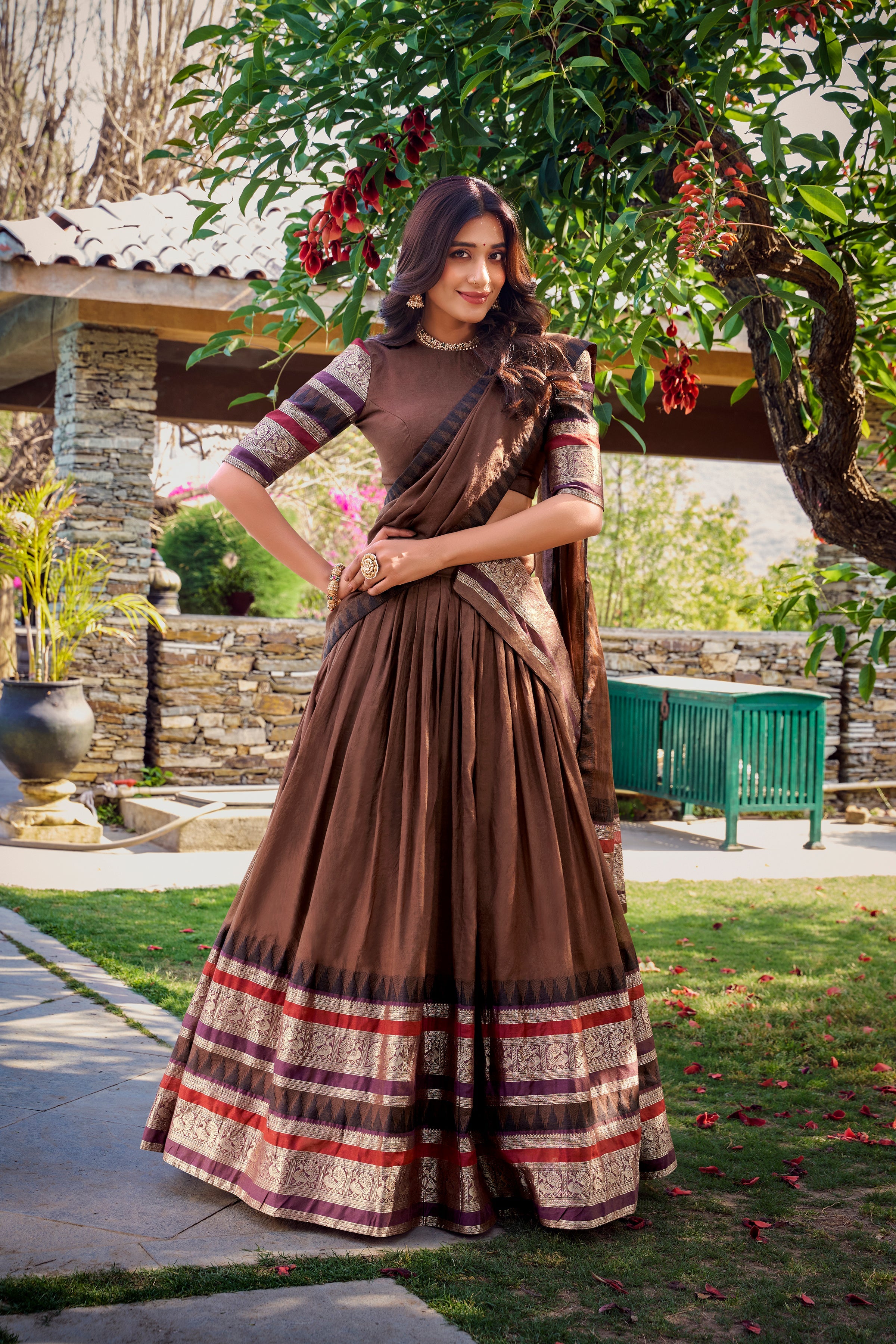 Lorenvalley Brown Pure Chanderi Plain With Zari Weaving Work Border Lehenga Choli with Dupatta