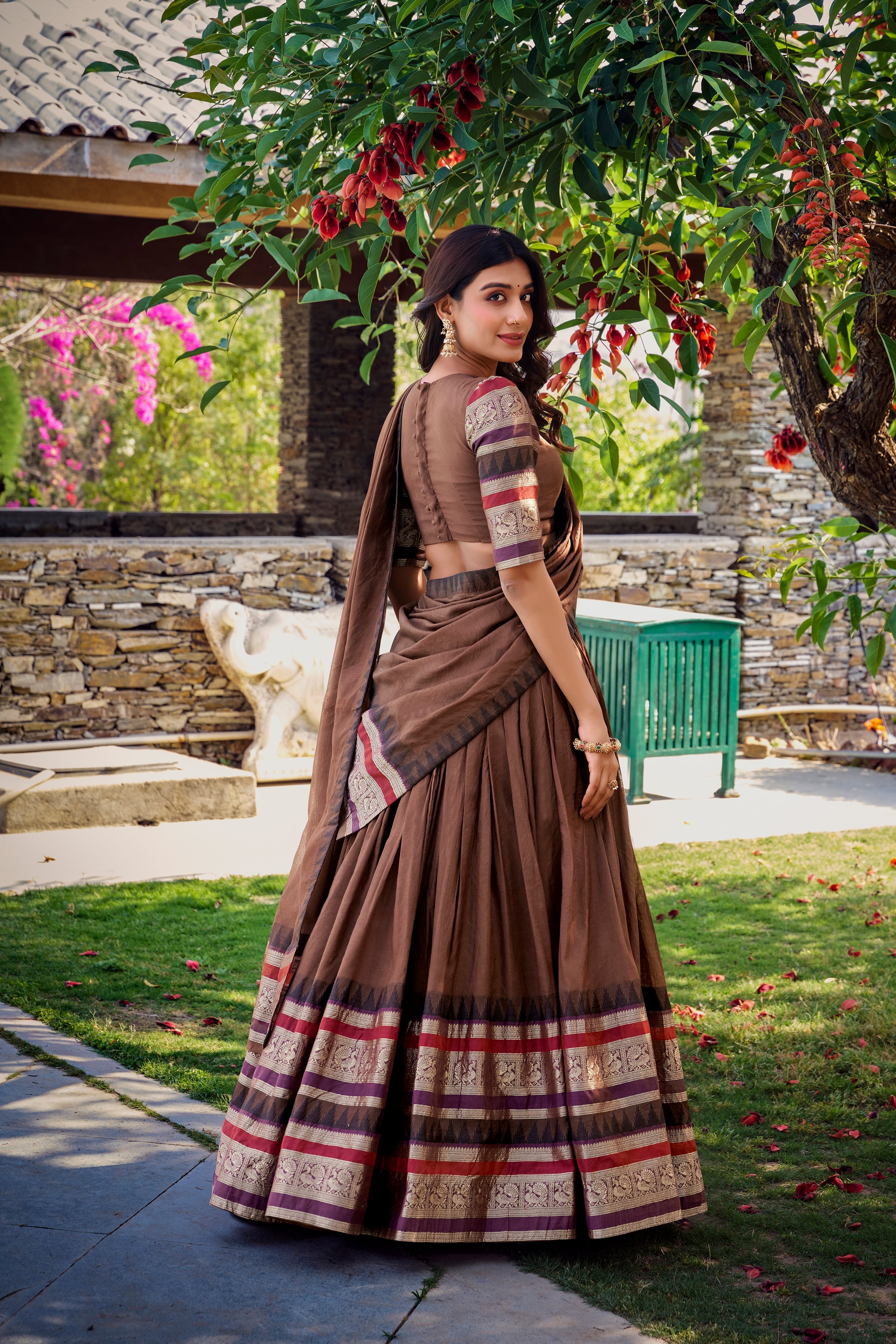 Lorenvalley Brown Pure Chanderi Plain With Zari Weaving Work Border Lehenga Choli with Dupatta