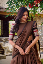 Lorenvalley Brown Pure Chanderi Plain With Zari Weaving Work Border Lehenga Choli with Dupatta