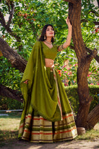 Lorenvalley Mehendi Pure Chanderi Plain With Zari Weaving Work Border Lehenga Choli with Dupatta