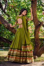 Lorenvalley Mehendi Pure Chanderi Plain With Zari Weaving Work Border Lehenga Choli with Dupatta