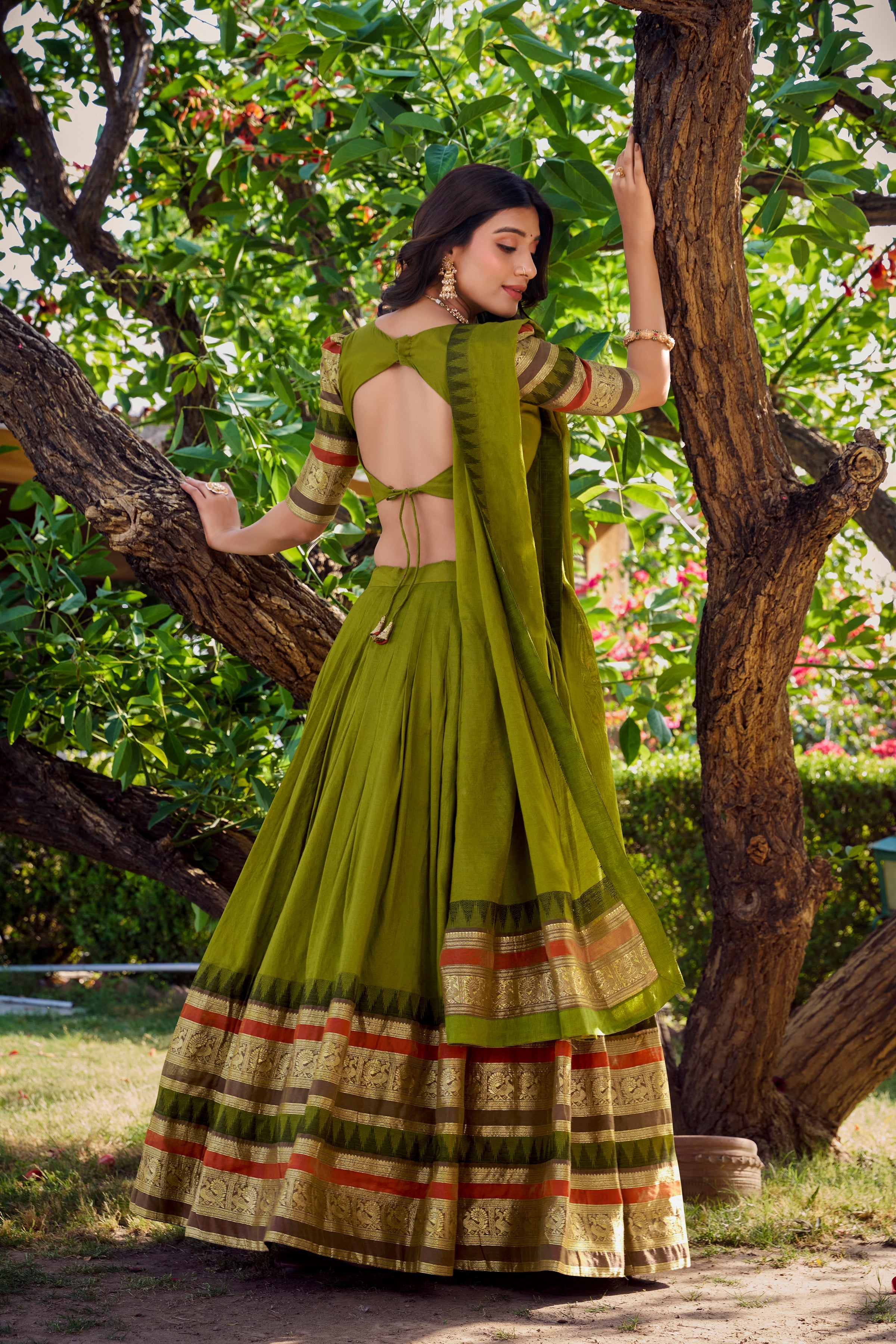 Lorenvalley Mehendi Pure Chanderi Plain With Zari Weaving Work Border Lehenga Choli with Dupatta