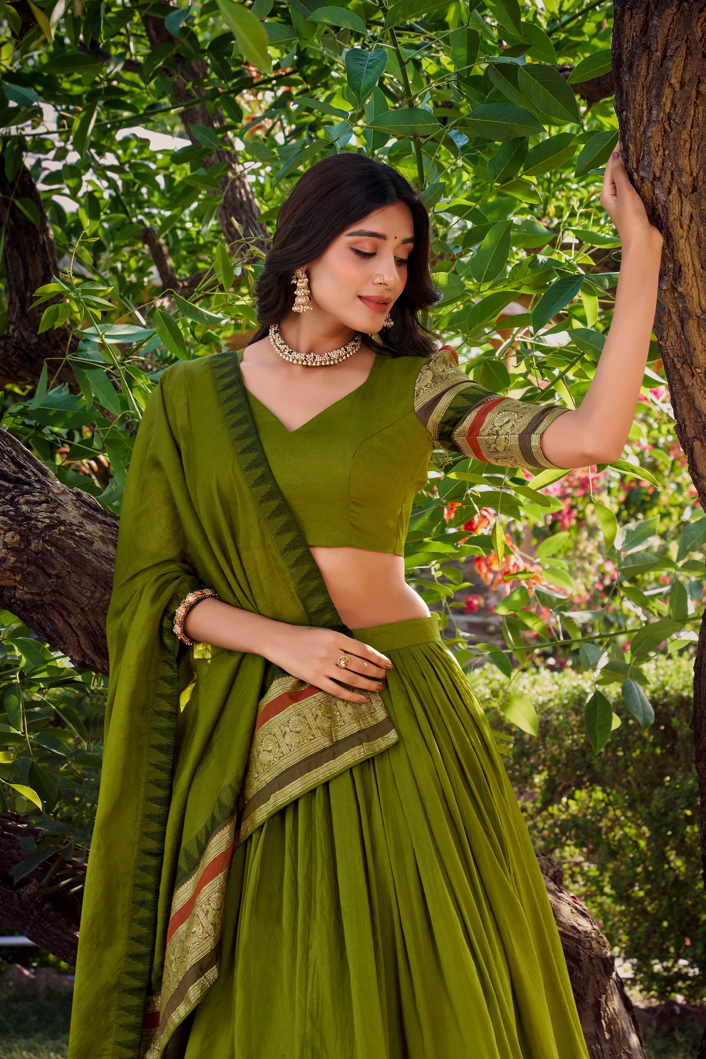 Lorenvalley Mehendi Pure Chanderi Plain With Zari Weaving Work Border Lehenga Choli with Dupatta