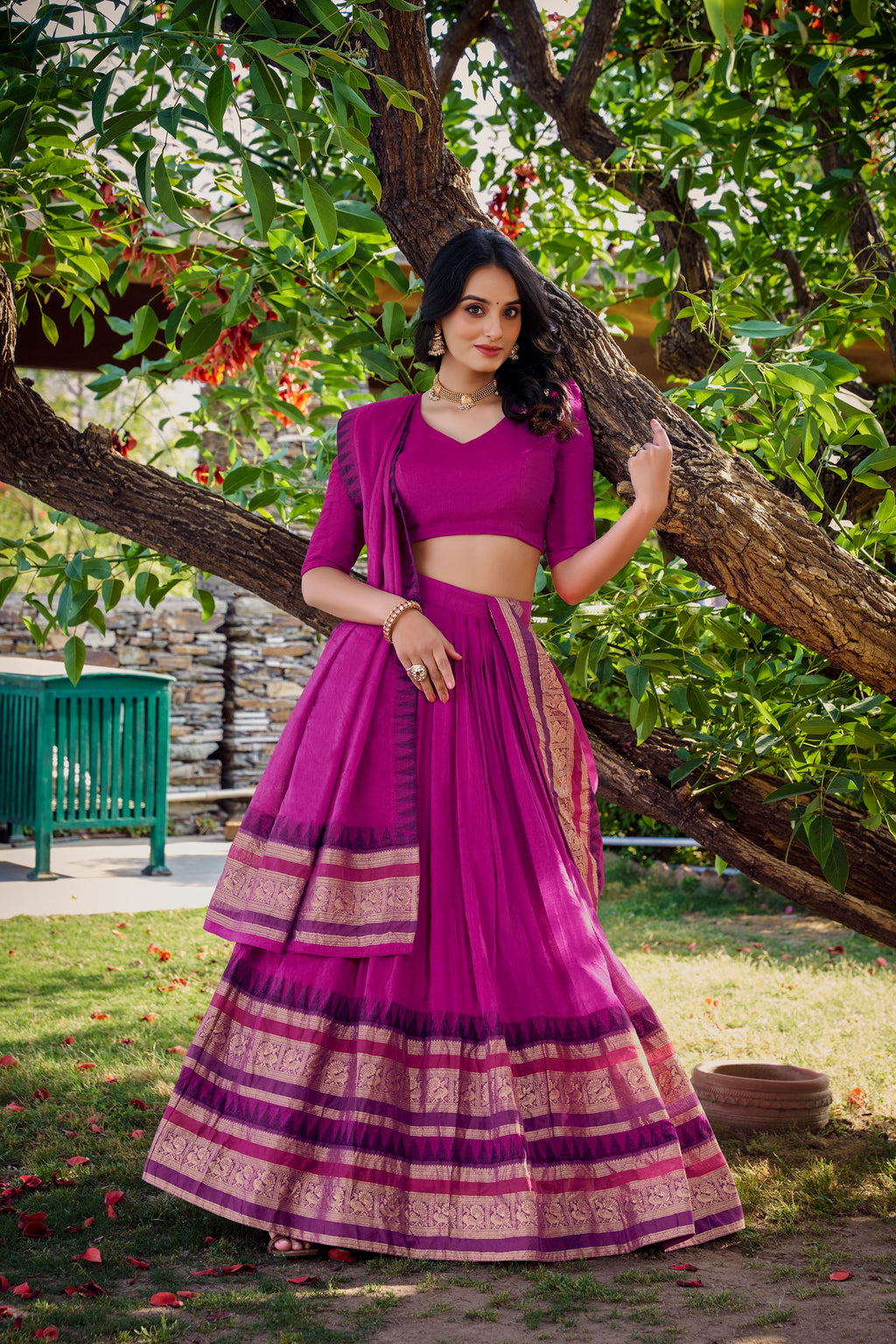 Lorenvalley Magenta Pure Chanderi Plain With Zari Weaving Work Border Lehenga Choli with Dupatta