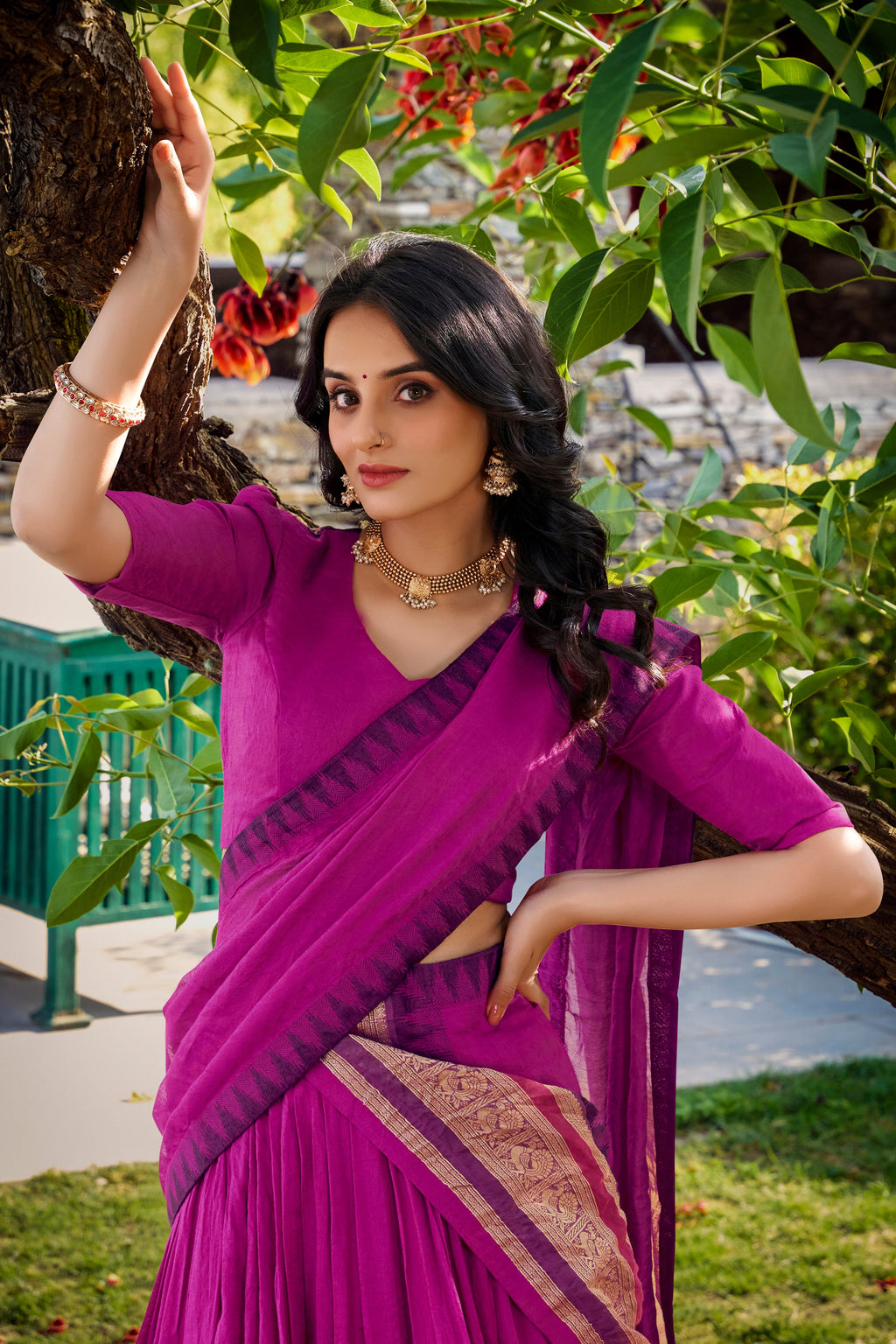 Lorenvalley Magenta Pure Chanderi Plain With Zari Weaving Work Border Lehenga Choli with Dupatta