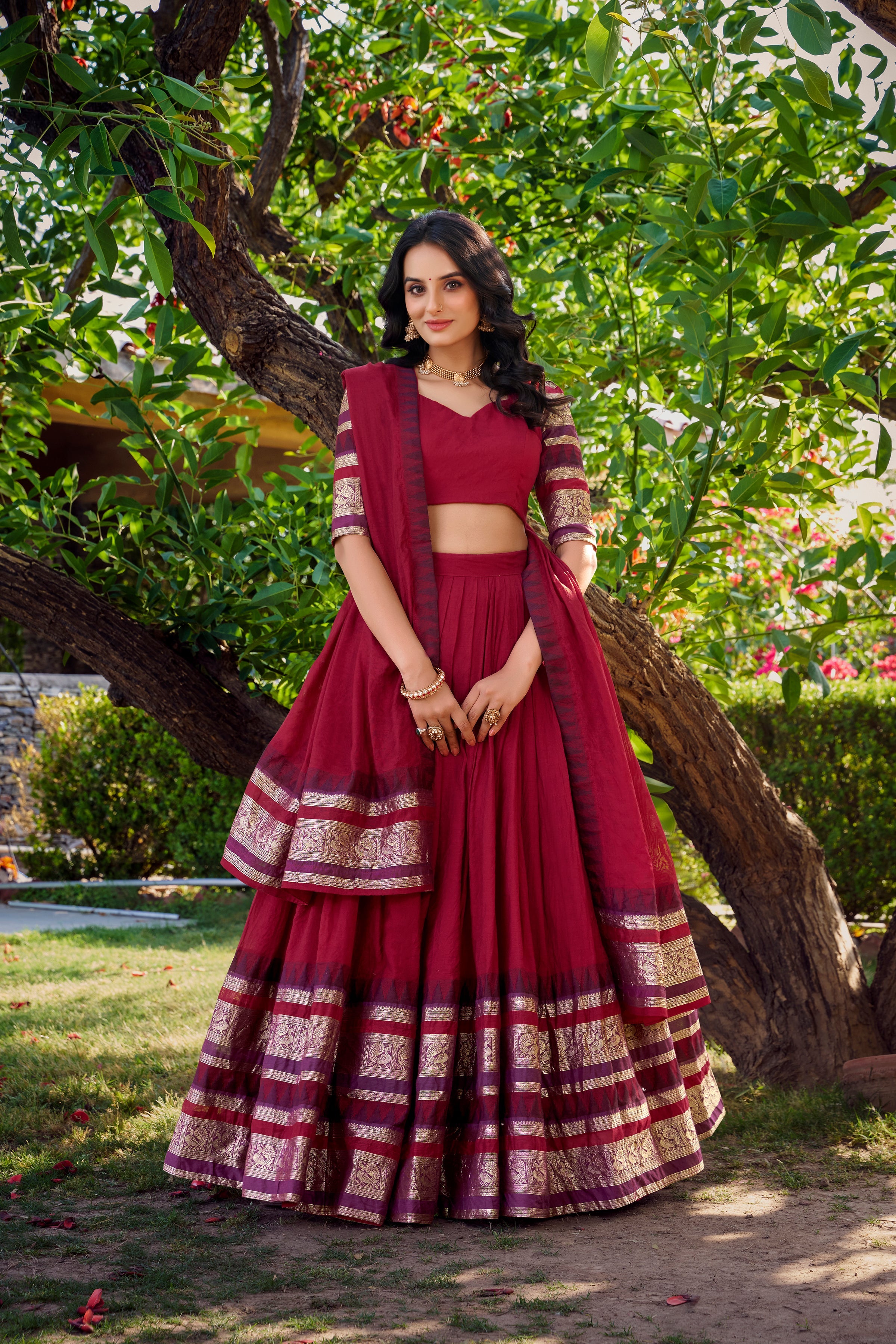 Lorenvalley Maroon Pure Chanderi Plain With Zari Weaving Work Border Lehenga Choli with Dupatta