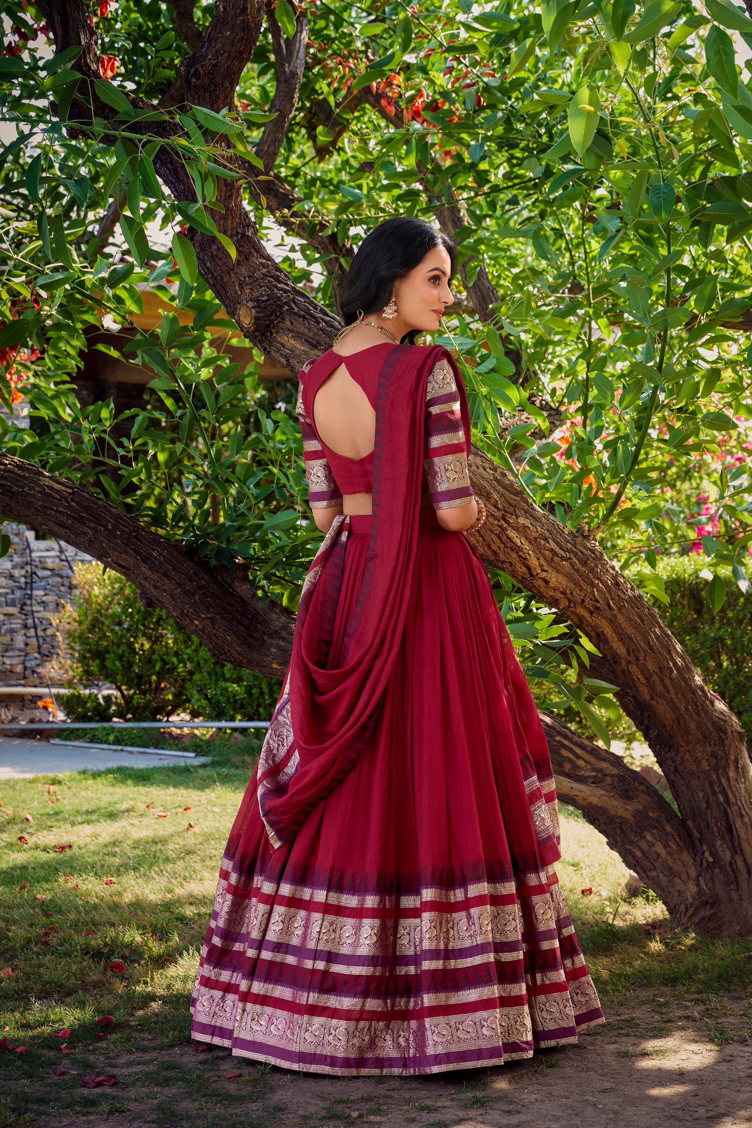Lorenvalley Maroon Pure Chanderi Plain With Zari Weaving Work Border Lehenga Choli with Dupatta