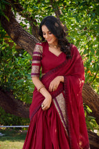 Lorenvalley Maroon Pure Chanderi Plain With Zari Weaving Work Border Lehenga Choli with Dupatta