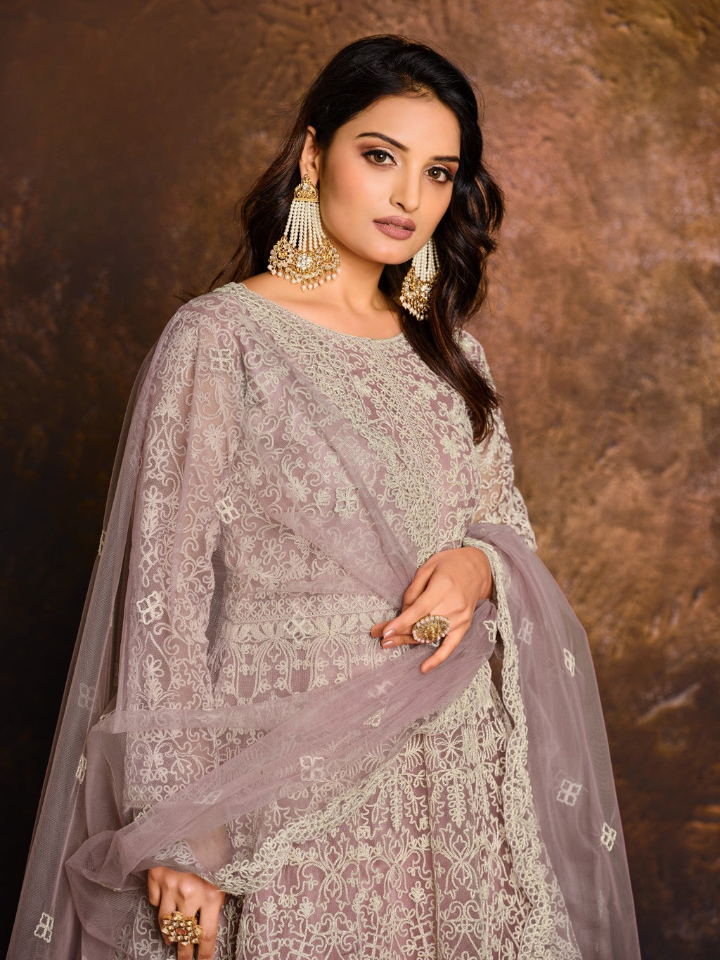 Anaita Purple Embroidered Net Anarkali Suit - Distacart