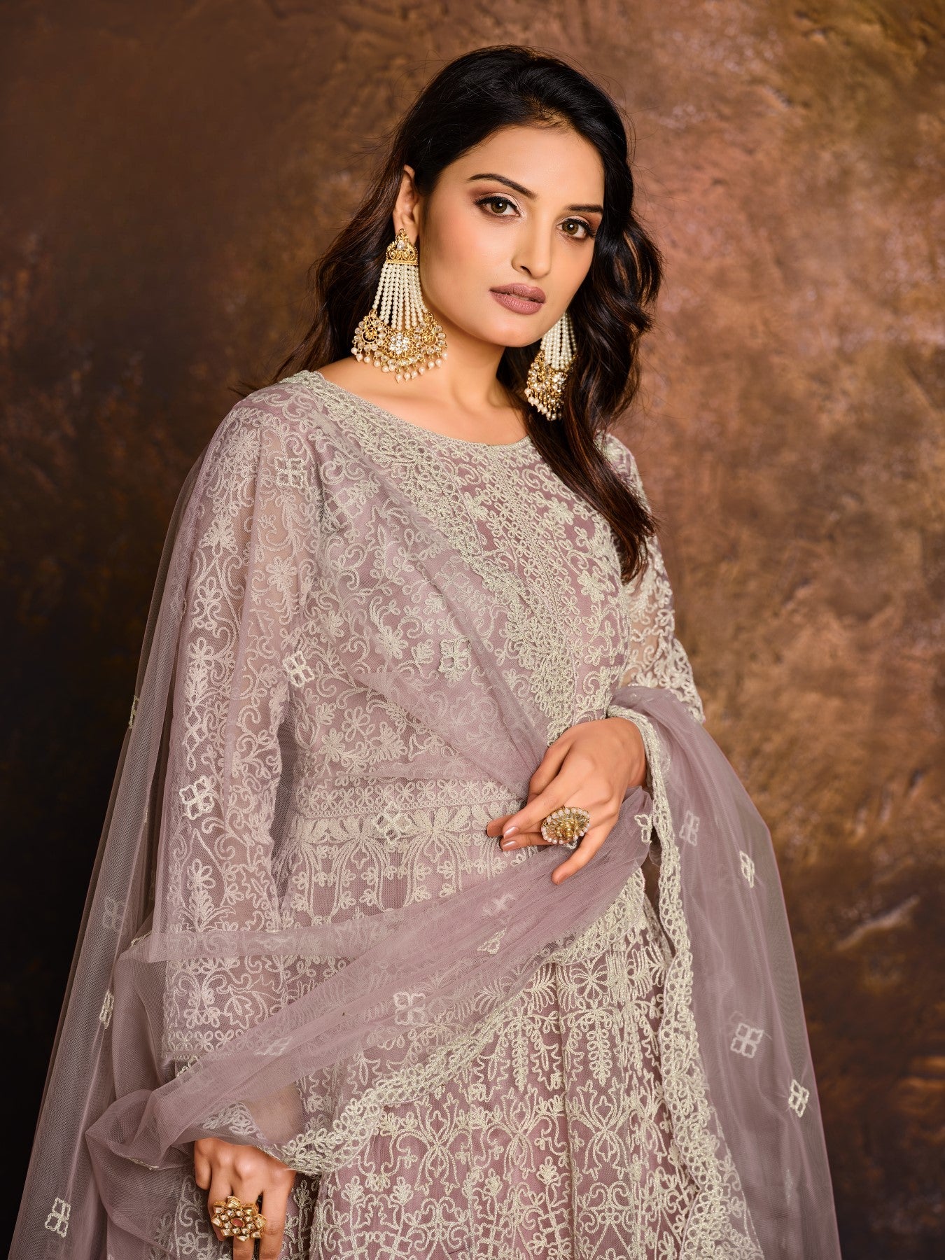 Anaita Purple Embroidered Net Anarkali Suit - Distacart