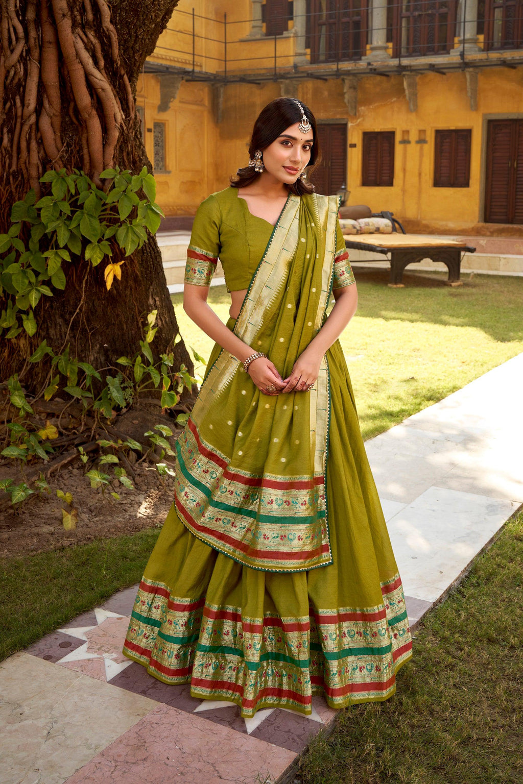 Lorenvalley Fashion Mehendi Pure Chanderi (Naylon) Zari Weaving Work Lehenga Choli with Dupatta - Distacart