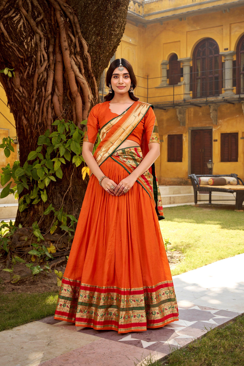 Lorenvalley Fashion Orange Pure Chanderi (Naylon) Zari Weaving Work Lehenga Choli with Dupatta - Distacart