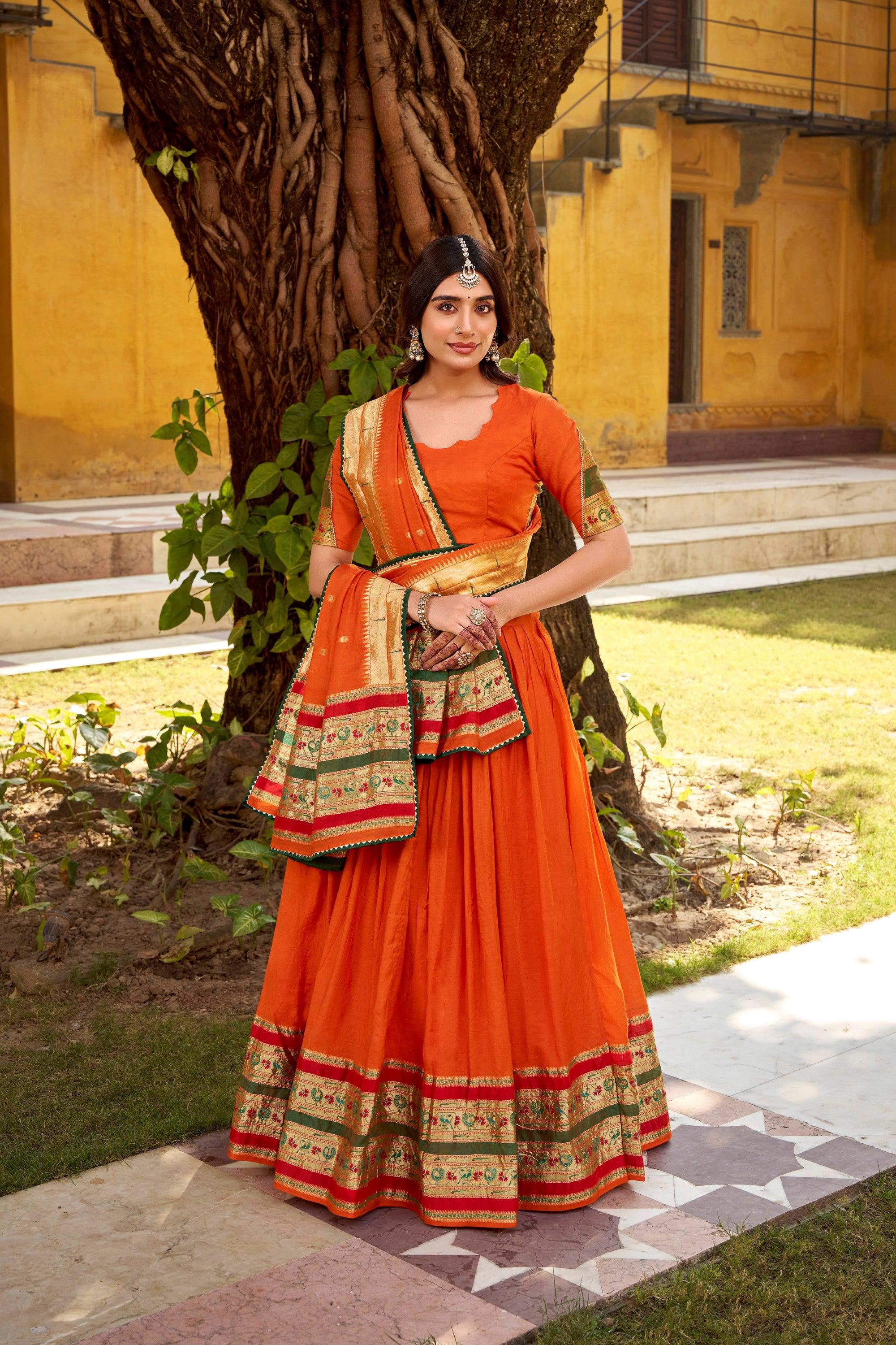 Lorenvalley Fashion Orange Pure Chanderi (Naylon) Zari Weaving Work Lehenga Choli with Dupatta - Distacart