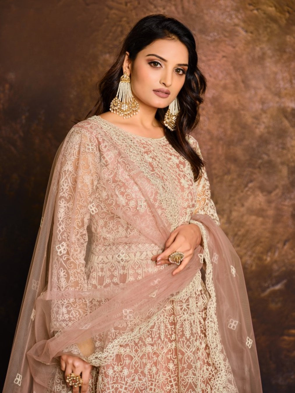 Anaita Peach Embroidered Net Anarkali Suit - Distacart