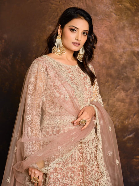 Anaita Peach Embroidered Net Anarkali Suit