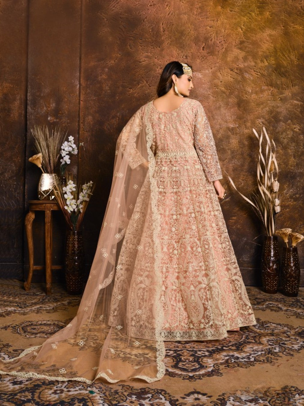 Anaita Peach Embroidered Net Anarkali Suit - Distacart