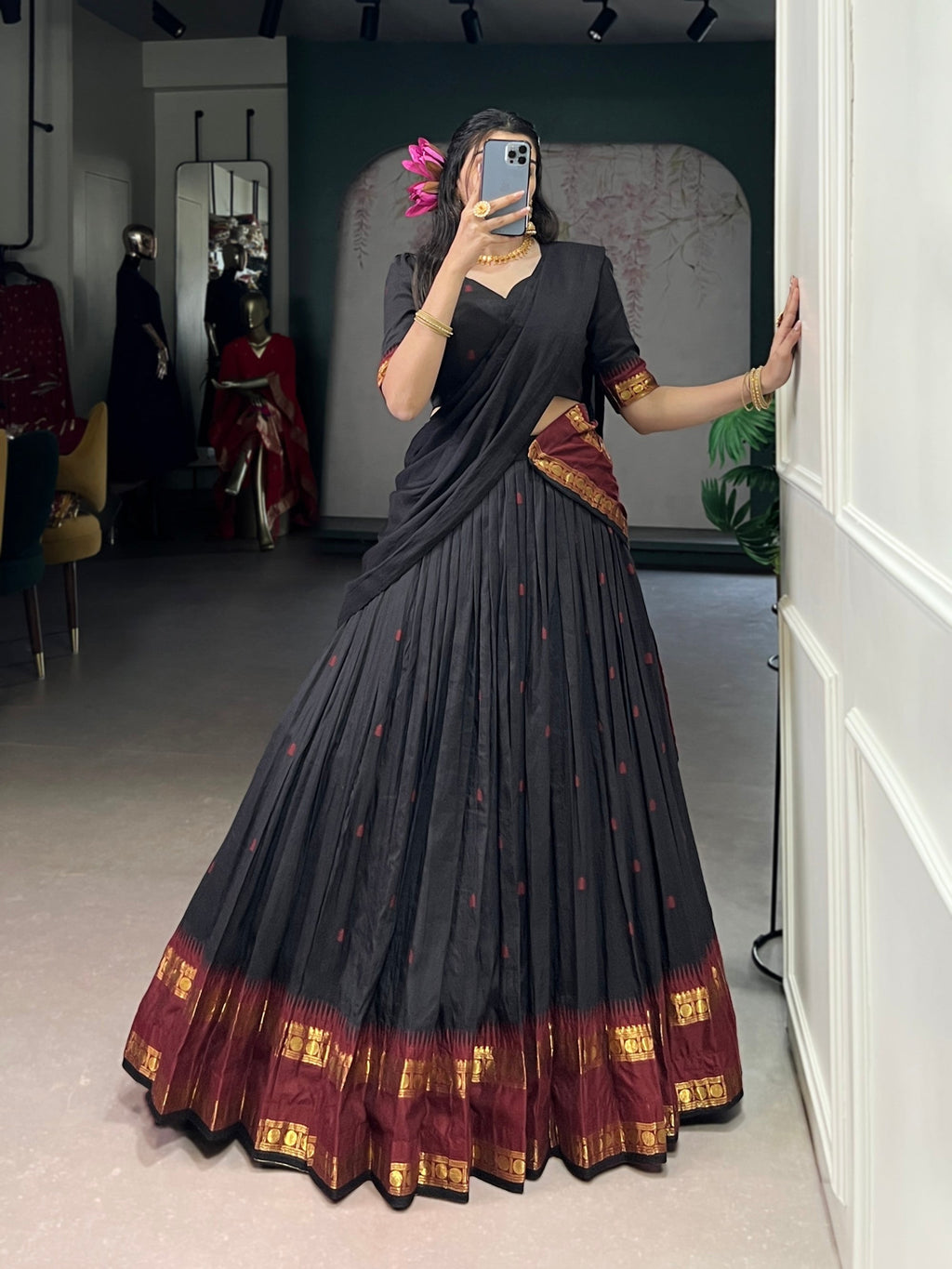 Lorenvalley Fashion Black Pure Chanderi Zari Weaving Work Lehenga Choli with Dupatta - Distacart