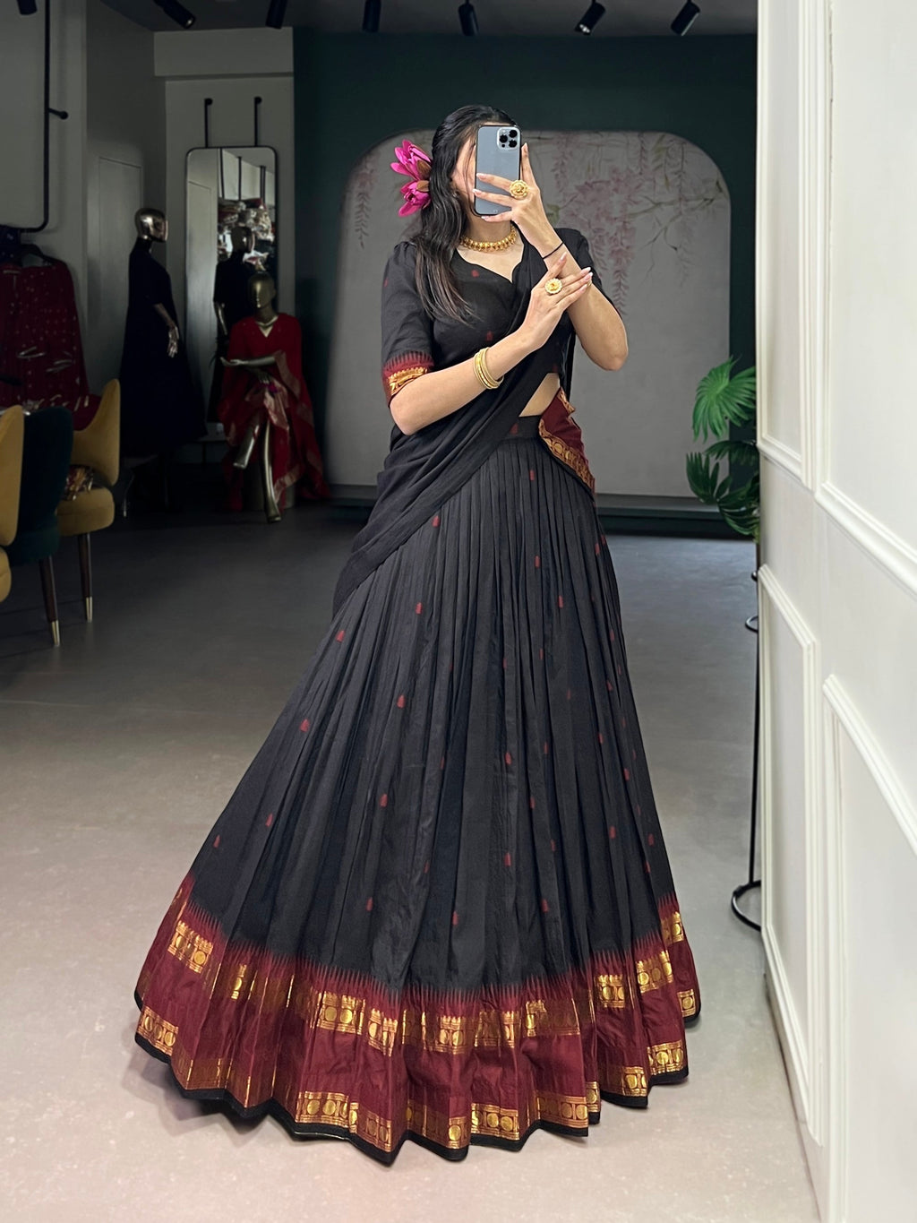 Lorenvalley Fashion Black Pure Chanderi Zari Weaving Work Lehenga Choli with Dupatta - Distacart