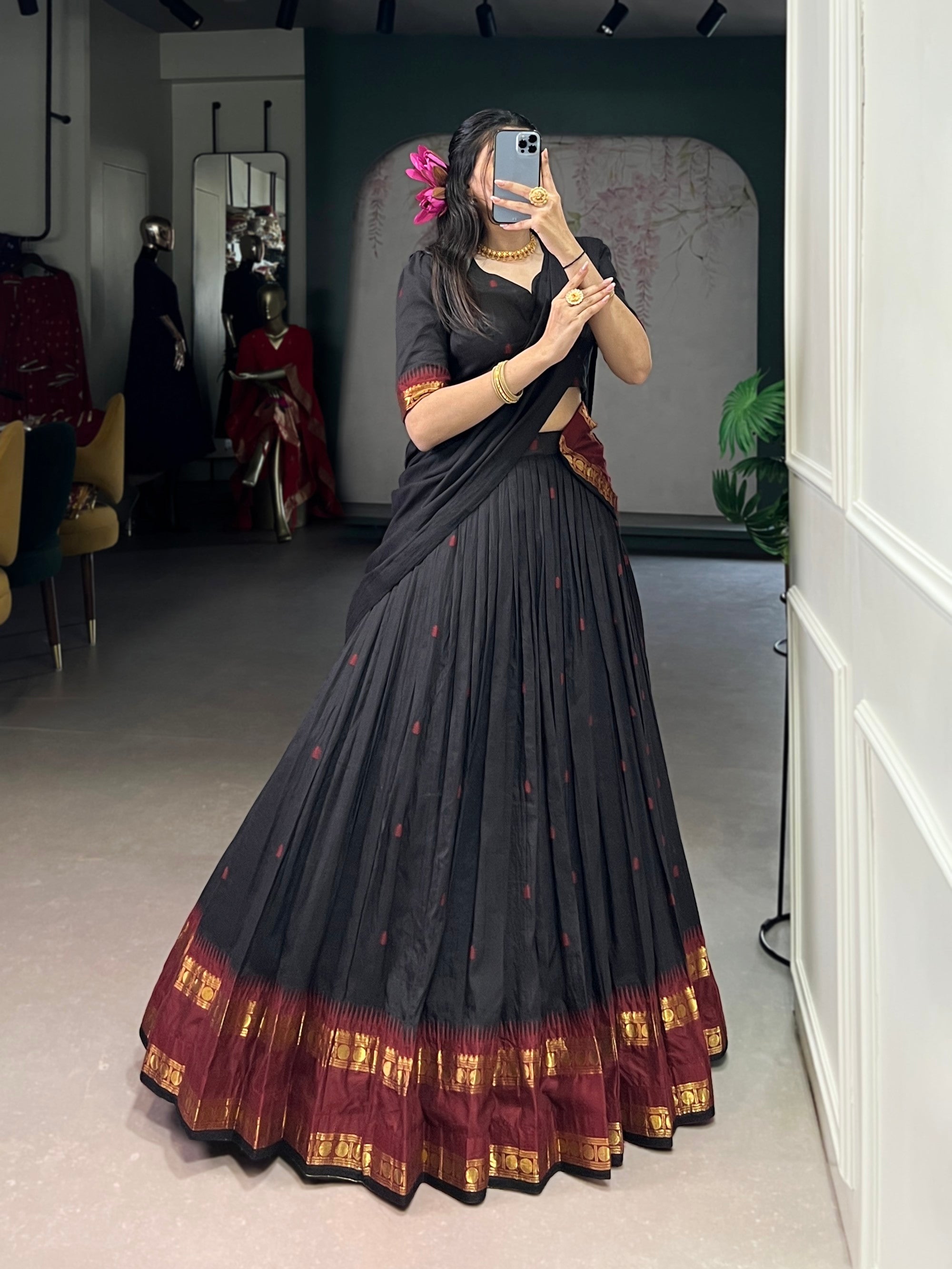 Lorenvalley Fashion Black Pure Chanderi Zari Weaving Work Lehenga Choli with Dupatta - Distacart