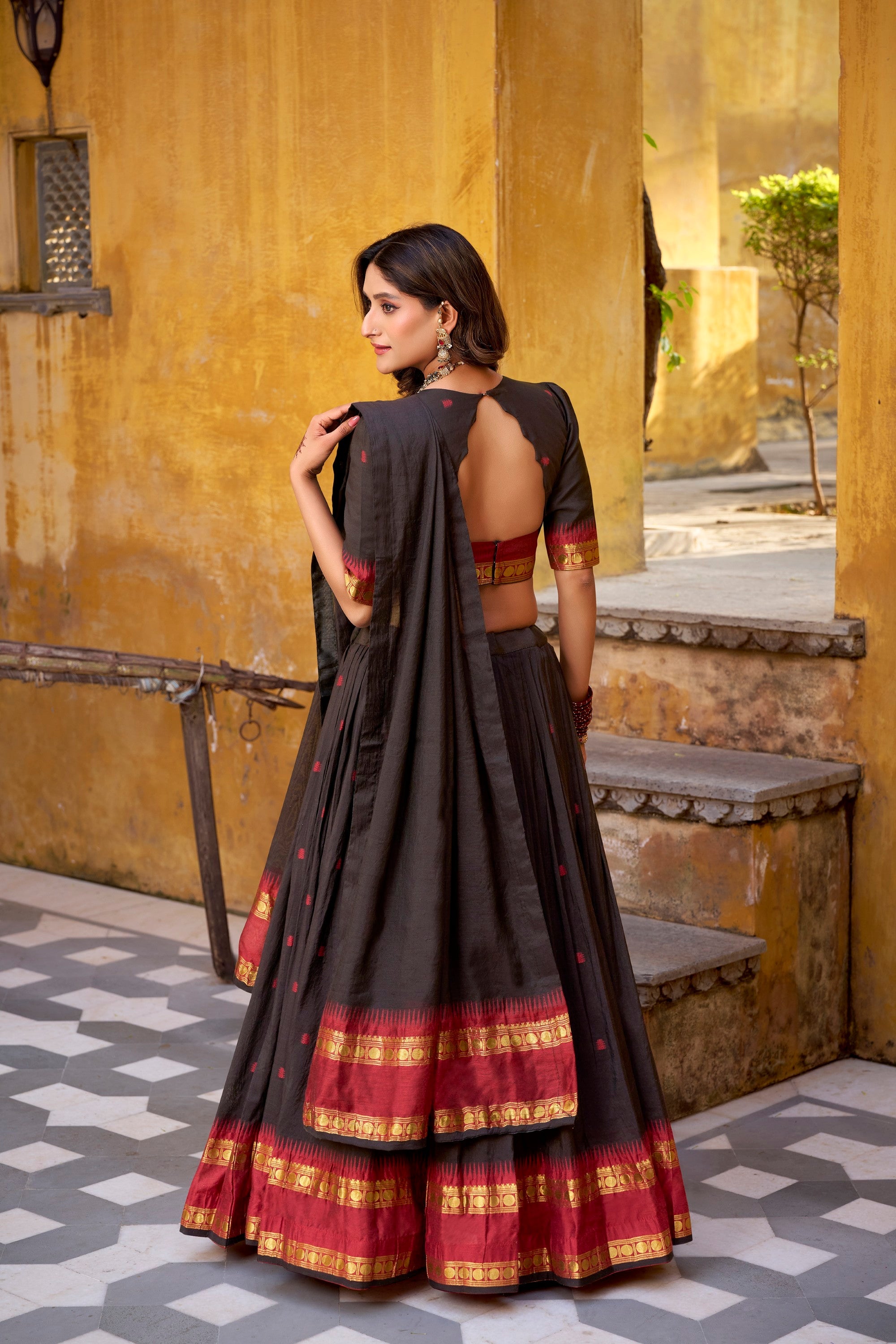 Lorenvalley Fashion Black Pure Chanderi Zari Weaving Work Lehenga Choli with Dupatta - Distacart