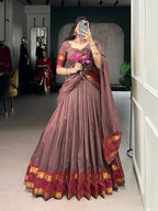 Lorenvalley Fashion Brown Pure Chanderi Zari Weaving Work Lehenga Choli with Dupatta - Distacart