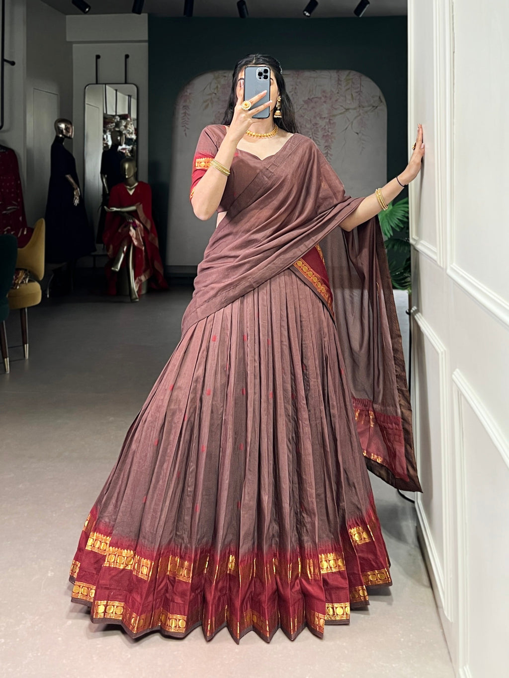 Lorenvalley Fashion Brown Pure Chanderi Zari Weaving Work Lehenga Choli with Dupatta - Distacart