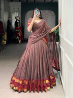 Lorenvalley Fashion Brown Pure Chanderi Zari Weaving Work Lehenga Choli with Dupatta - Distacart