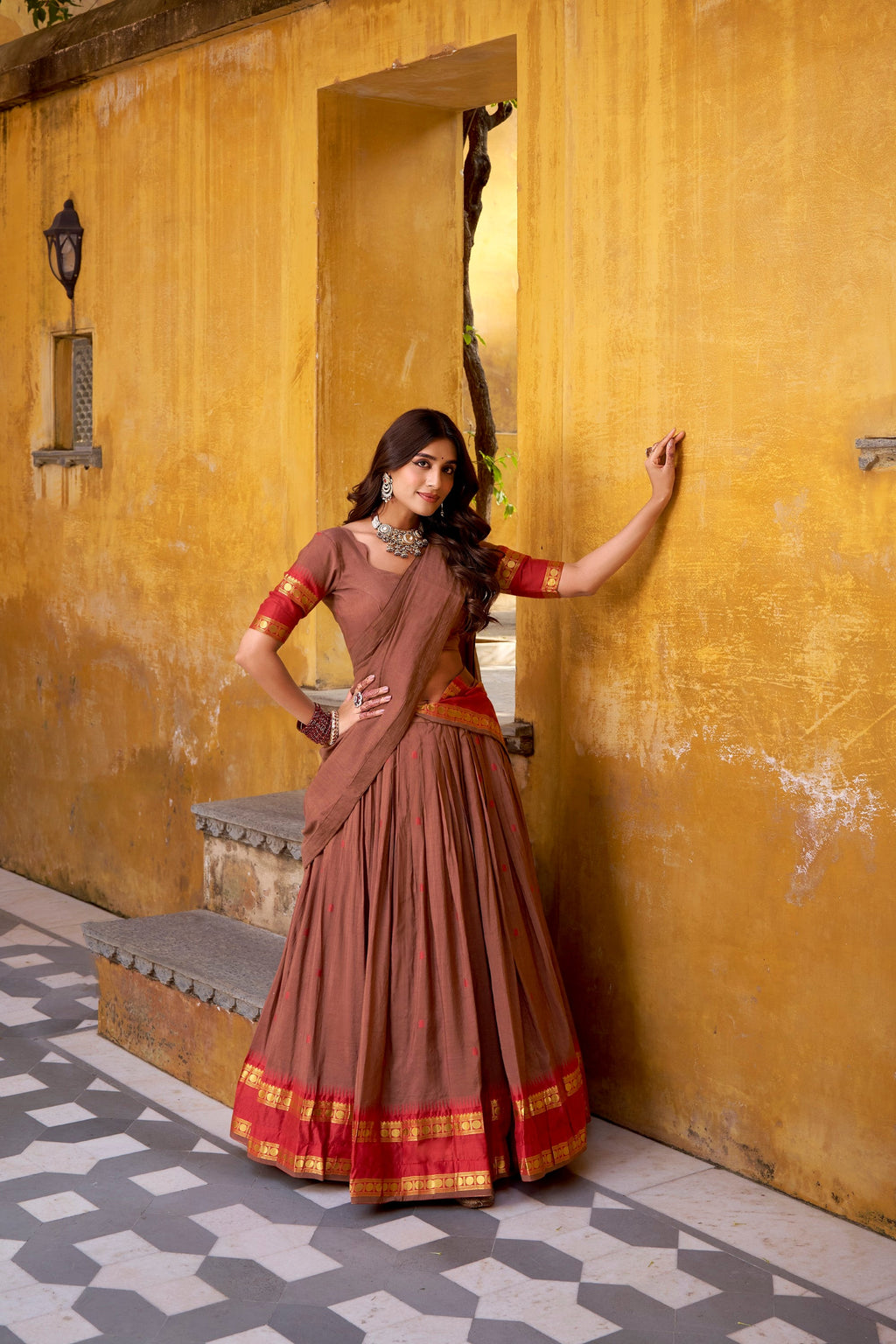 Lorenvalley Fashion Brown Pure Chanderi Zari Weaving Work Lehenga Choli with Dupatta - Distacart