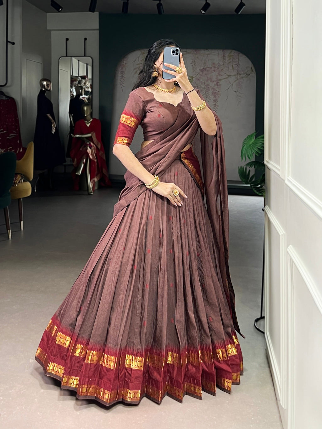 Lorenvalley Fashion Brown Pure Chanderi Zari Weaving Work Lehenga Choli with Dupatta - Distacart